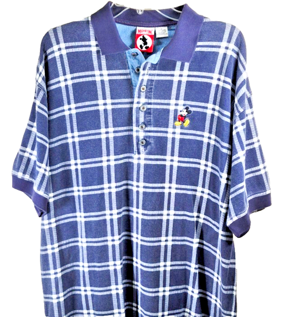 Vintage Disney Plaid Polo Shirt Mickey Mouse Logo Size Medium Loose Fit